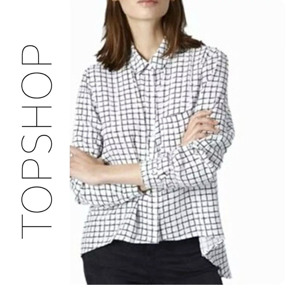 Topshop High Low Button Down Top Blouse Long Sleeve Check Print Shirt SZ 8 EUC